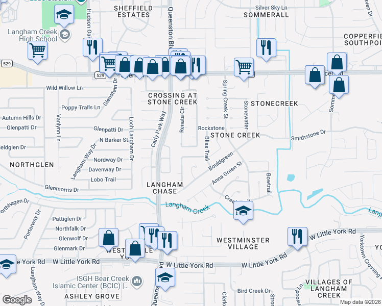 map of restaurants, bars, coffee shops, grocery stores, and more near 6618 Broken Stone in Houston