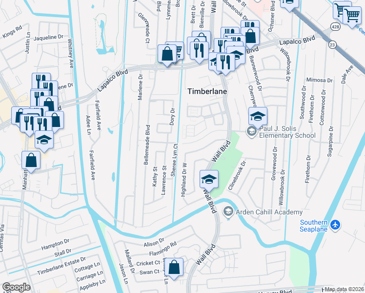 map of restaurants, bars, coffee shops, grocery stores, and more near 2689 Highland Drive West in Gretna