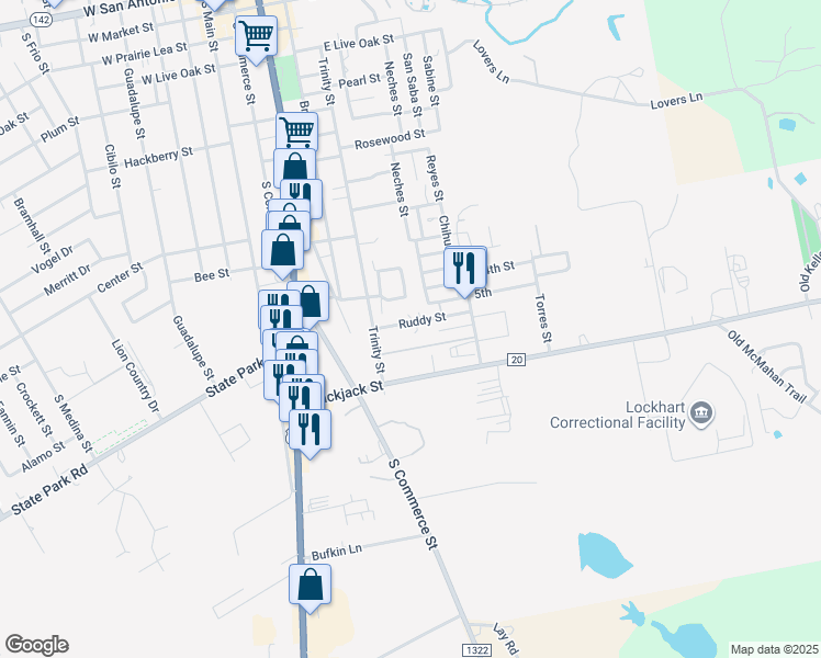 map of restaurants, bars, coffee shops, grocery stores, and more near 505 Teal Street in Lockhart