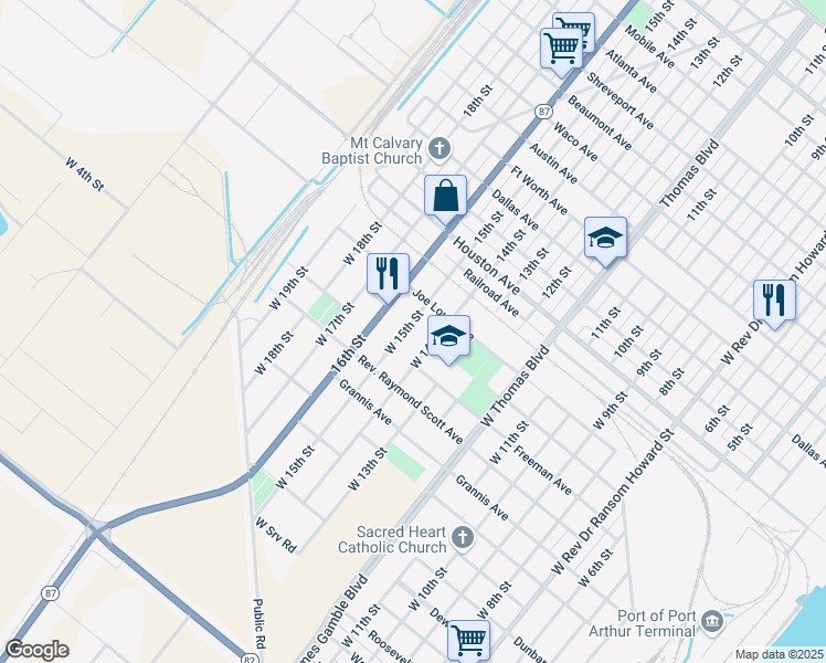 map of restaurants, bars, coffee shops, grocery stores, and more near 400 West 15th Street in Port Arthur