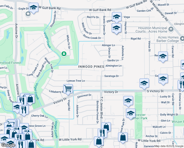 map of restaurants, bars, coffee shops, grocery stores, and more near 7507 Lemon Tree Circle in Houston