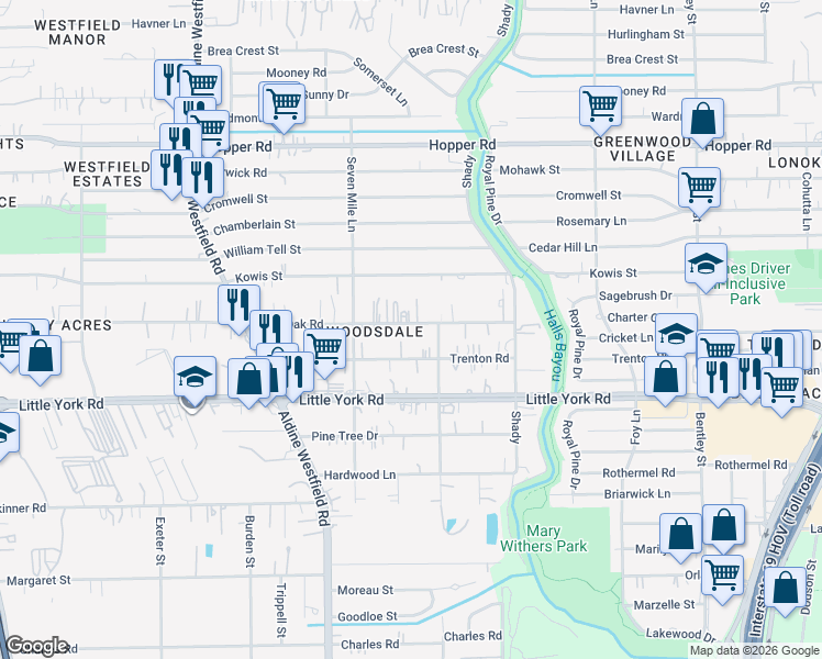 map of restaurants, bars, coffee shops, grocery stores, and more near 2527 Lone Oak Road in Houston