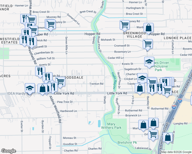 map of restaurants, bars, coffee shops, grocery stores, and more near 2629 Lone Oak Road in Houston