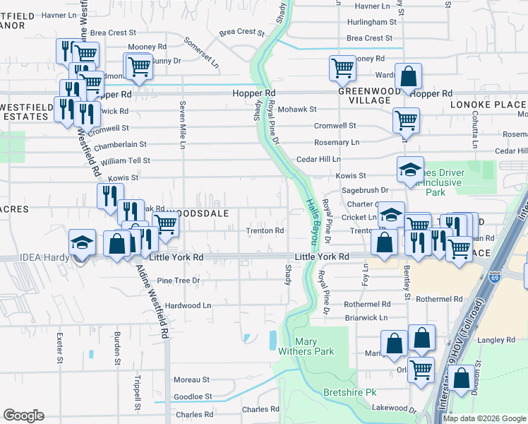 map of restaurants, bars, coffee shops, grocery stores, and more near 2629 Lone Oak Road in Houston