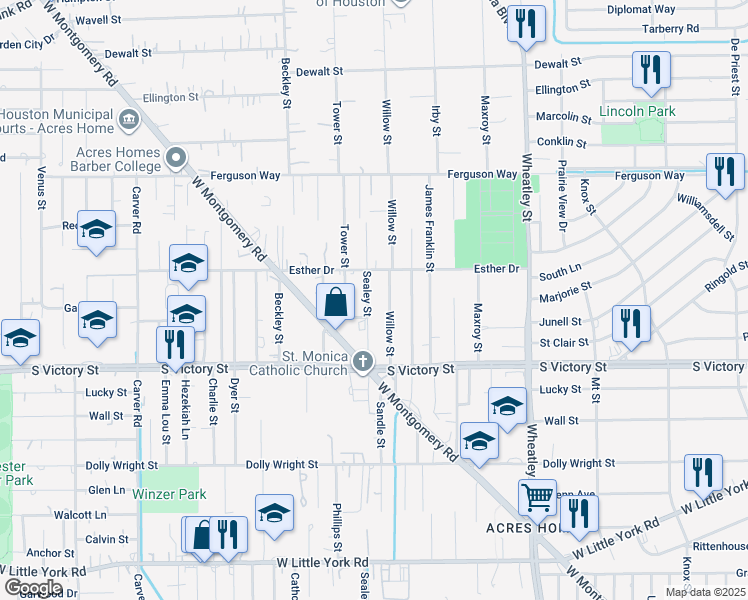 map of restaurants, bars, coffee shops, grocery stores, and more near 8000 Willow Street in Houston
