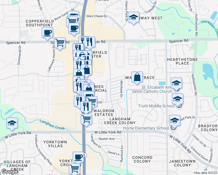map of restaurants, bars, coffee shops, grocery stores, and more near 6703 Kentwick Drive in Houston
