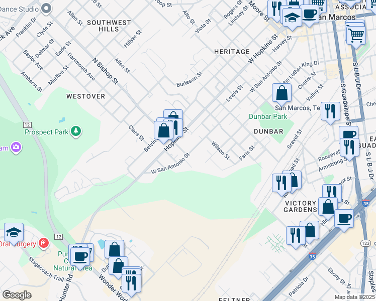 map of restaurants, bars, coffee shops, grocery stores, and more near 1246 West San Antonio Street in San Marcos