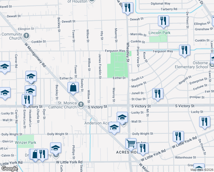 map of restaurants, bars, coffee shops, grocery stores, and more near 1401 Esther Drive in Houston