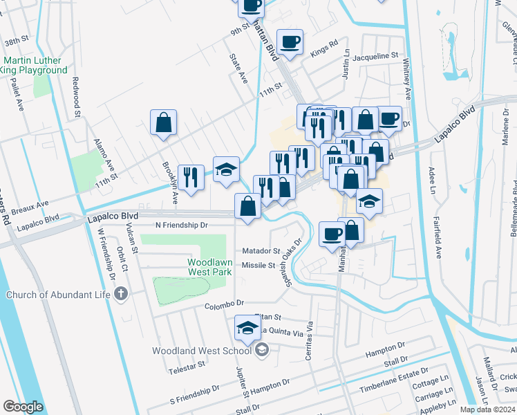map of restaurants, bars, coffee shops, grocery stores, and more near 2200 Lapalco Boulevard in Harvey