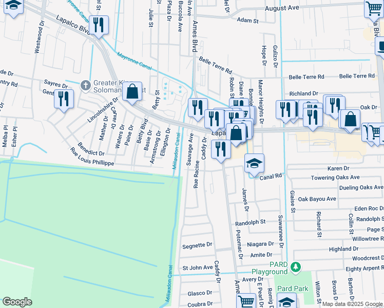 map of restaurants, bars, coffee shops, grocery stores, and more near 2036 Rue Racine in Marrero