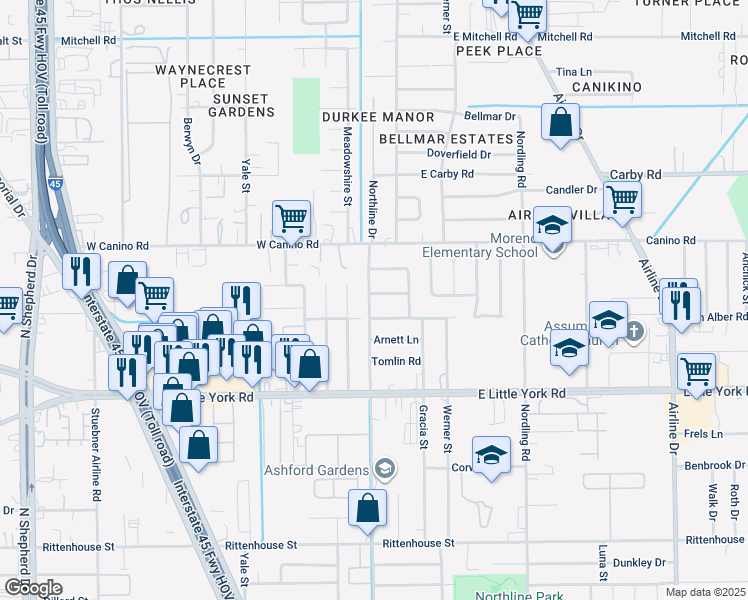 map of restaurants, bars, coffee shops, grocery stores, and more near 119 Schade Lane in Houston
