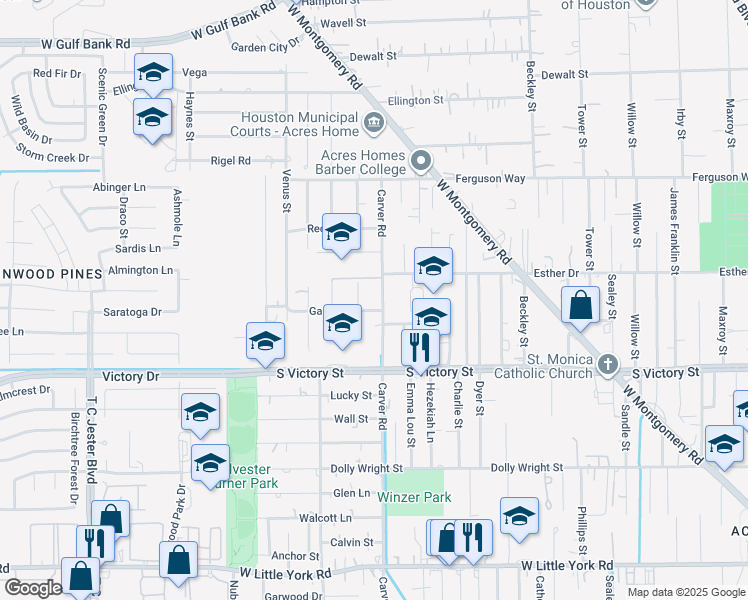 map of restaurants, bars, coffee shops, grocery stores, and more near 8021 Carver Road in Houston