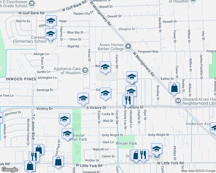 map of restaurants, bars, coffee shops, grocery stores, and more near 8030 Observatory Street in Houston