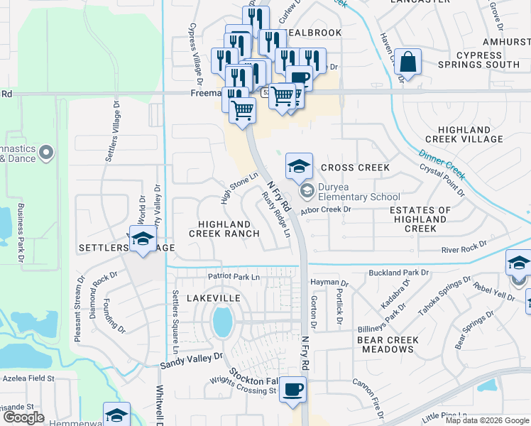 map of restaurants, bars, coffee shops, grocery stores, and more near 6746 Rusty Ridge Lane in Katy