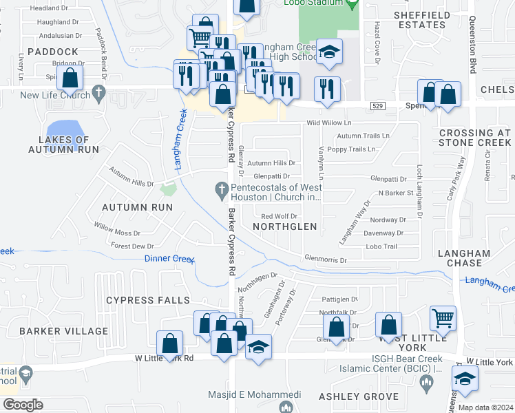 map of restaurants, bars, coffee shops, grocery stores, and more near 17907 Fieldglen Drive in Houston