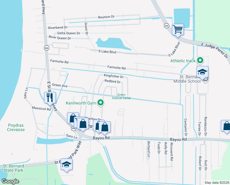 map of restaurants, bars, coffee shops, grocery stores, and more near 2416 Warbler Drive in Saint Bernard