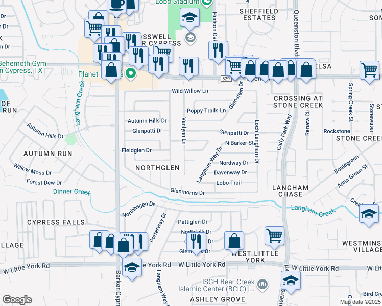 map of restaurants, bars, coffee shops, grocery stores, and more near 17623 Wolf Hollow Drive in Houston