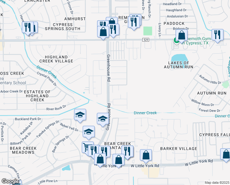 map of restaurants, bars, coffee shops, grocery stores, and more near 6502 Aspen Shores Court in Katy