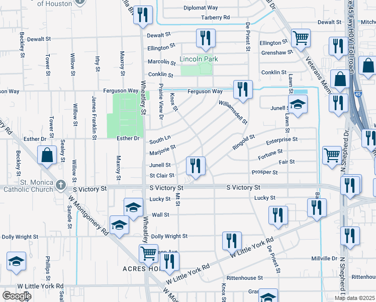 map of restaurants, bars, coffee shops, grocery stores, and more near 1011 Marjorie Street in Houston
