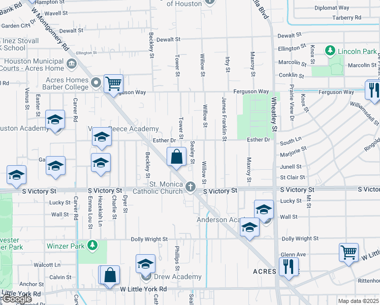 map of restaurants, bars, coffee shops, grocery stores, and more near 8018 Tower Street in Houston