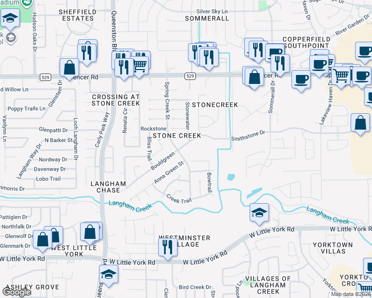 map of restaurants, bars, coffee shops, grocery stores, and more near 16714 Bouldgreen in Houston
