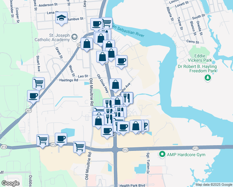 map of restaurants, bars, coffee shops, grocery stores, and more near 1570 U.S. 1 in St. Augustine