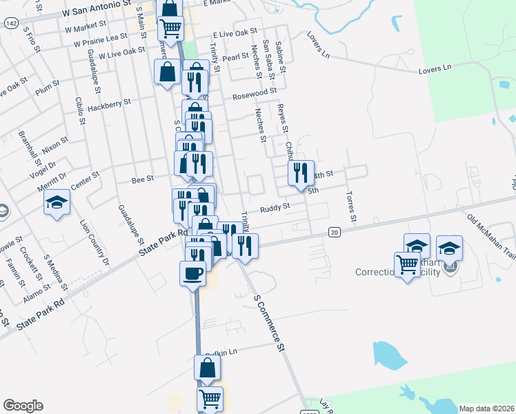 map of restaurants, bars, coffee shops, grocery stores, and more near 511 Ruddy Street in Lockhart