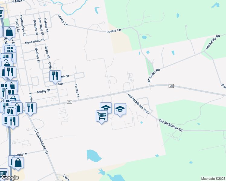 map of restaurants, bars, coffee shops, grocery stores, and more near 1403 Blackjack Street in Lockhart