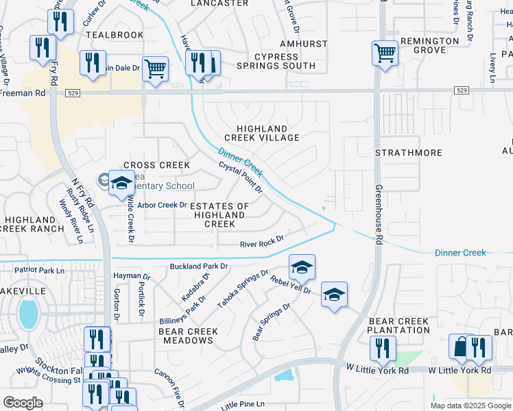 map of restaurants, bars, coffee shops, grocery stores, and more near 6706 Crystal Point Drive in Katy