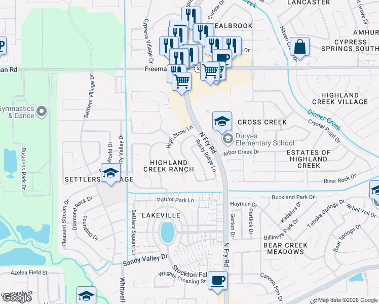 map of restaurants, bars, coffee shops, grocery stores, and more near 6834 Highwind Bend Lane in Katy