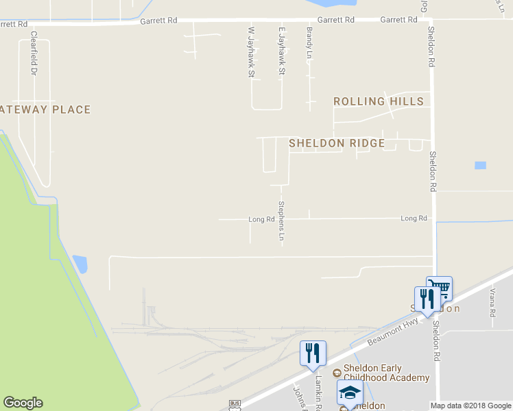 map of restaurants, bars, coffee shops, grocery stores, and more near 15511 Long Road in Houston