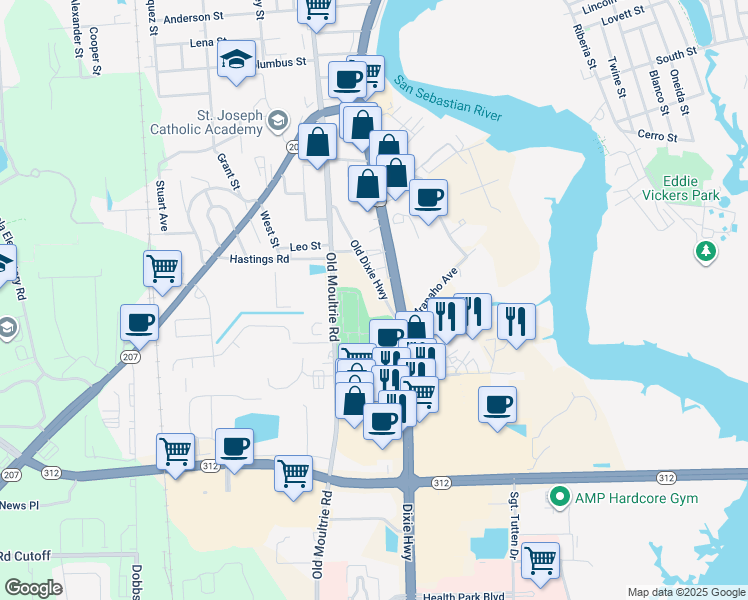 map of restaurants, bars, coffee shops, grocery stores, and more near 1465 Old Dixie Highway in St. Augustine