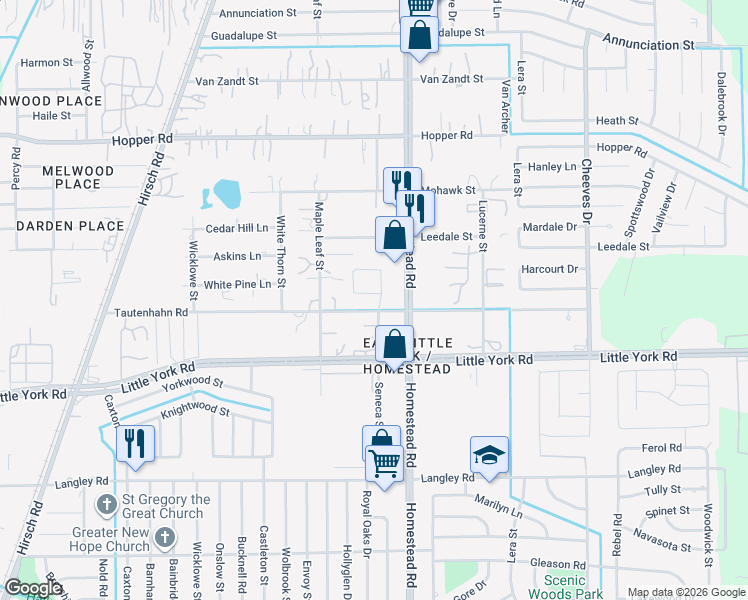 map of restaurants, bars, coffee shops, grocery stores, and more near 5811 Darlington Oak Street in Houston