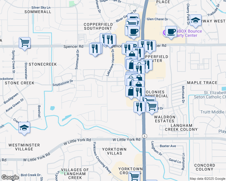 map of restaurants, bars, coffee shops, grocery stores, and more near 15903 Copper Oak Lane in Houston