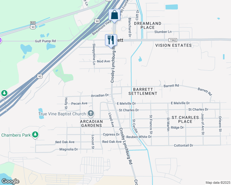map of restaurants, bars, coffee shops, grocery stores, and more near 12521 Alma Street in Crosby