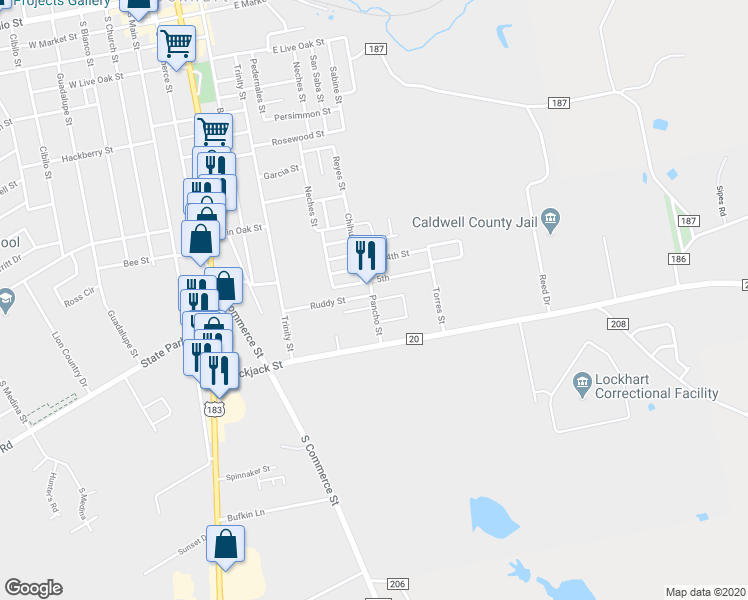 map of restaurants, bars, coffee shops, grocery stores, and more near 1216 Pancho Street in Lockhart