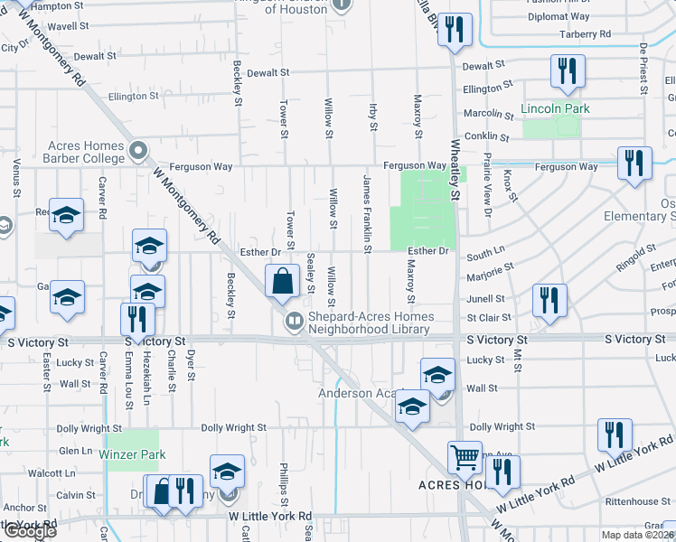 map of restaurants, bars, coffee shops, grocery stores, and more near 8000 Willow Street in Houston