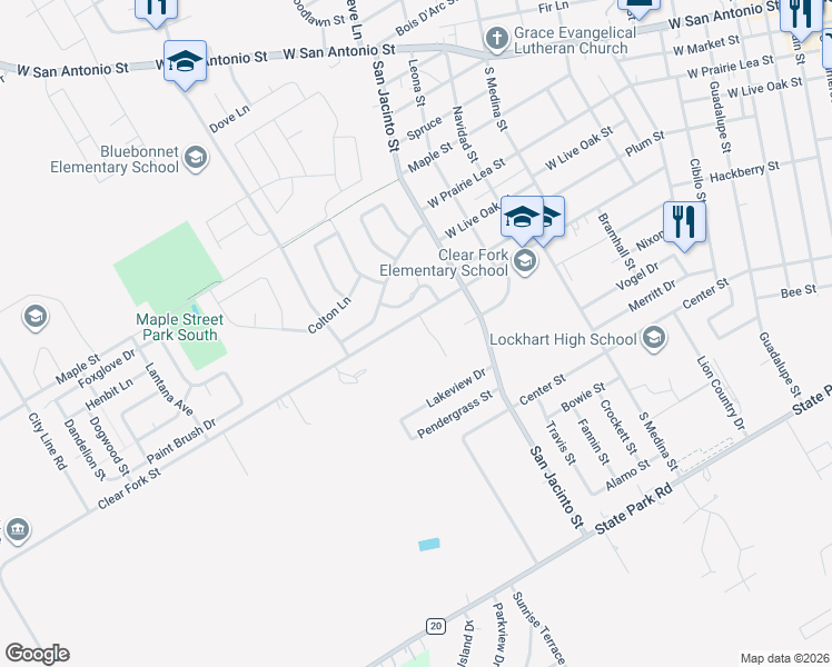 map of restaurants, bars, coffee shops, grocery stores, and more near 515 Caribbean Street in Lockhart