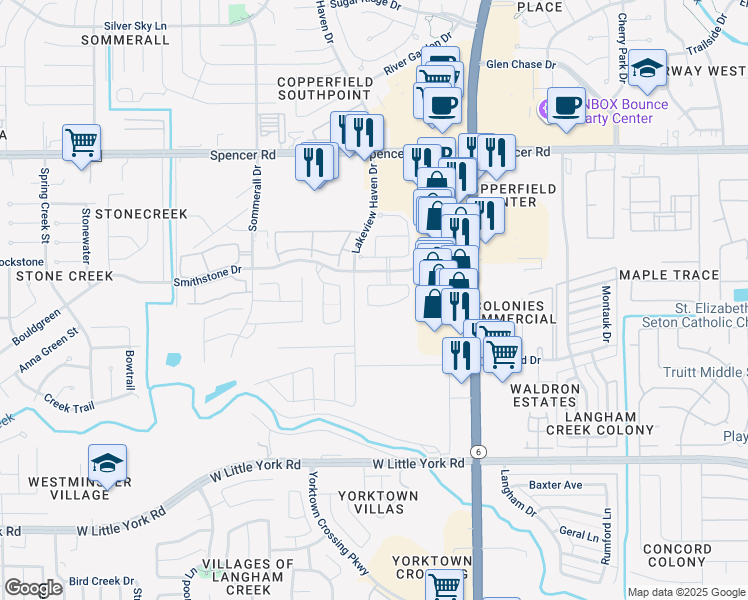 map of restaurants, bars, coffee shops, grocery stores, and more near 15903 Copper Oak Lane in Houston