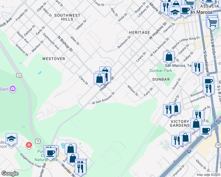 map of restaurants, bars, coffee shops, grocery stores, and more near 116 North Bishop Street in San Marcos
