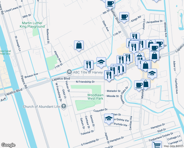 map of restaurants, bars, coffee shops, grocery stores, and more near 2300 Lapalco Boulevard in Harvey