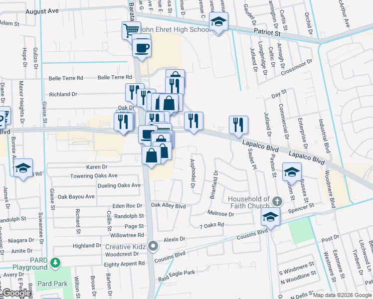 map of restaurants, bars, coffee shops, grocery stores, and more near 16 Devereaux Drive in Marrero