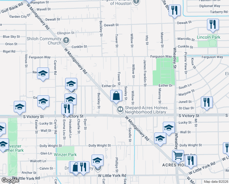 map of restaurants, bars, coffee shops, grocery stores, and more near 8018 Tower Street in Houston
