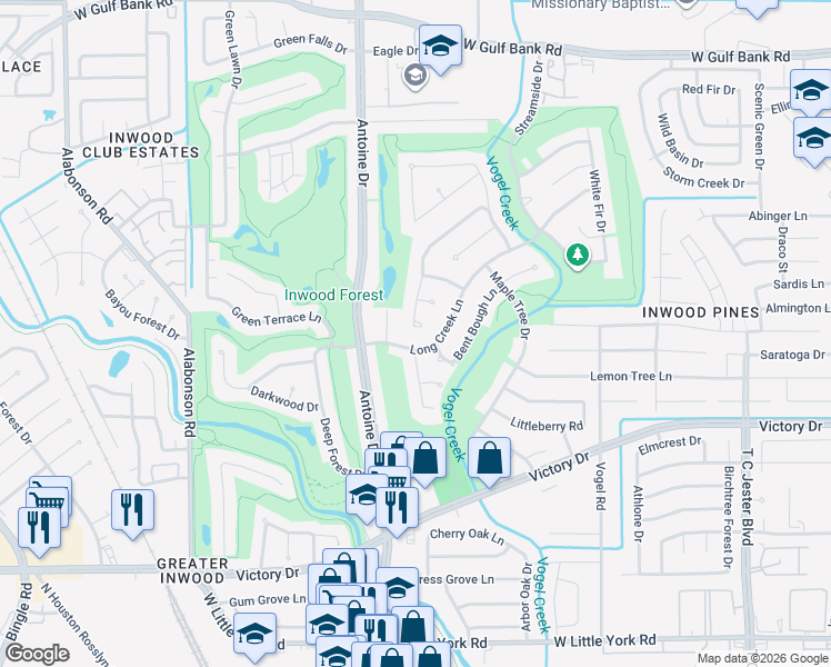 map of restaurants, bars, coffee shops, grocery stores, and more near 5730 Council Grove Lane in Houston
