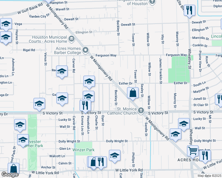 map of restaurants, bars, coffee shops, grocery stores, and more near 8029 Beckley Street in Houston