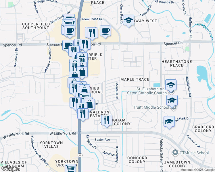 map of restaurants, bars, coffee shops, grocery stores, and more near 6703 Kentwick Drive in Houston