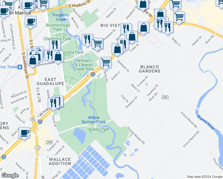 map of restaurants, bars, coffee shops, grocery stores, and more near 601 River Road in San Marcos