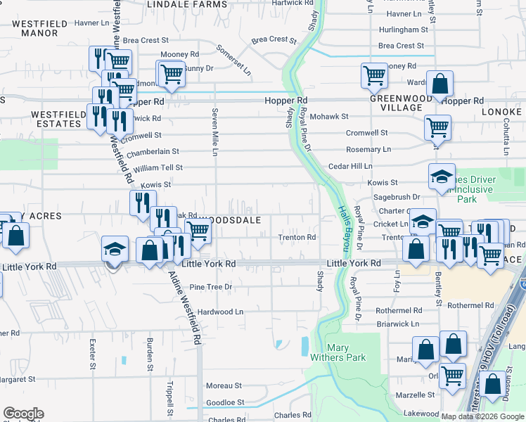 map of restaurants, bars, coffee shops, grocery stores, and more near 2527 Lone Oak Road in Houston