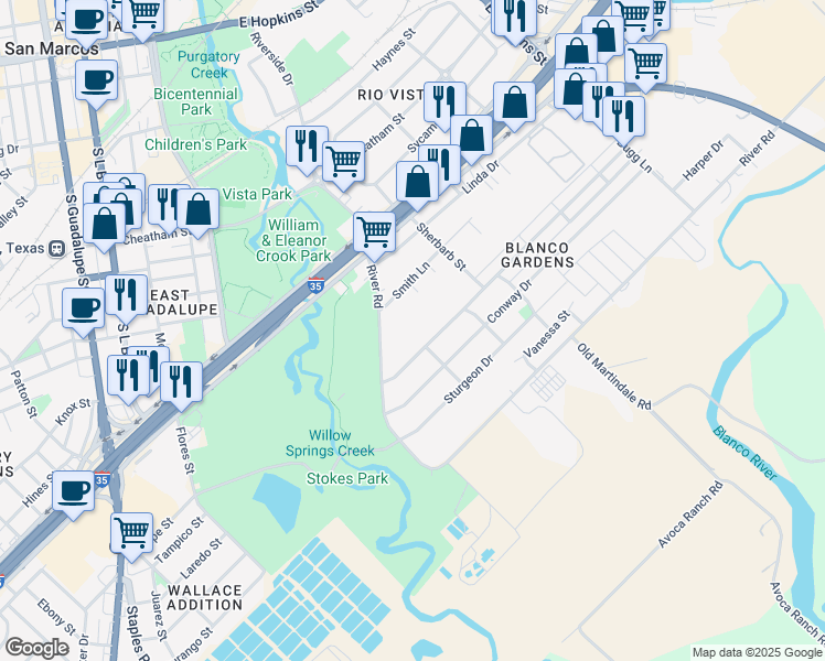 map of restaurants, bars, coffee shops, grocery stores, and more near 601 River Road in San Marcos