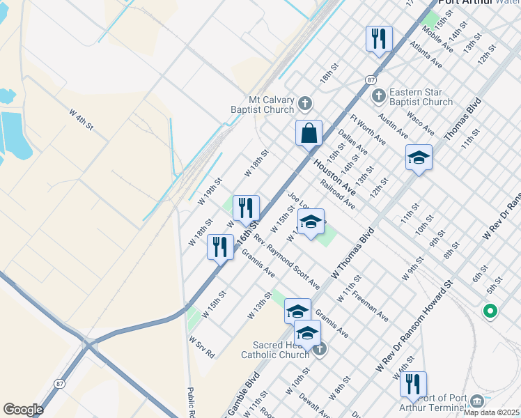map of restaurants, bars, coffee shops, grocery stores, and more near 421 West Gulfway Drive in Port Arthur